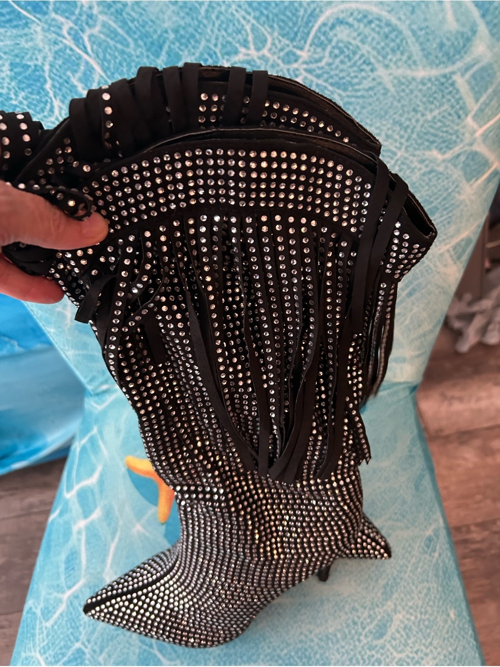 Black Fringed High Heel Boots w Rhinestones- Size 8